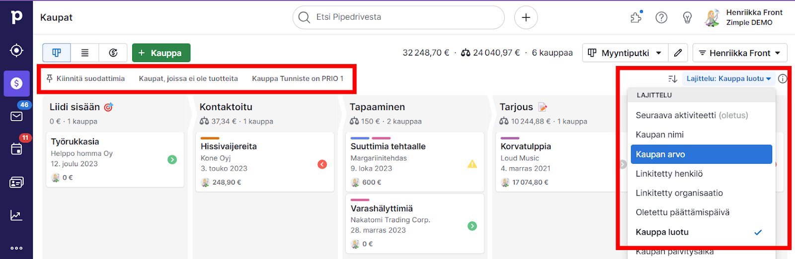 pipedrive liidien suodatus