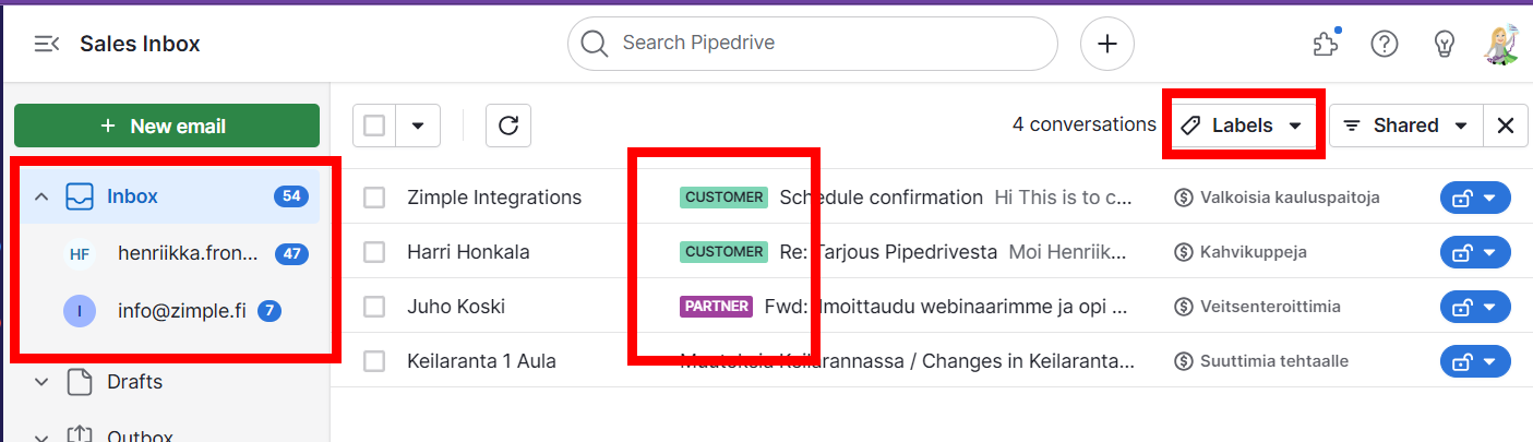 email labels in pipedrive