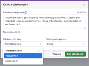 Kuvakaappaus sähköpostin kirjoittamisesta tekoälyllä