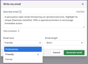 Screenshot of AI email writing window