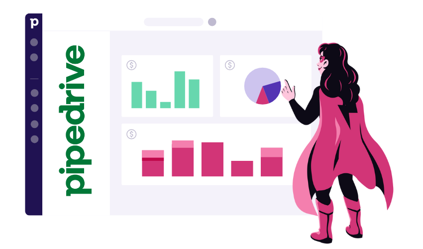 Kuva Pipedriven raportointiosiosta ja Zimplen pinkki supersankarihahmo tutkimassa raportteja selin katsojaan päin.