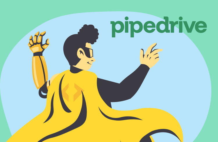 Keltaviittainen supersankarihahmo osoittaa Pipedrive-logoa