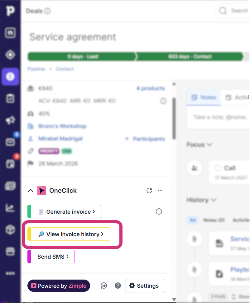 Shows the View invoice history button highlighted in a Pipedrive deal view